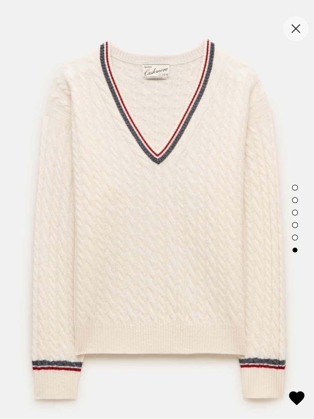 NWT J. Crew Cashmere Cableknit V-Neck White Sweater with Res & Grey Trim
